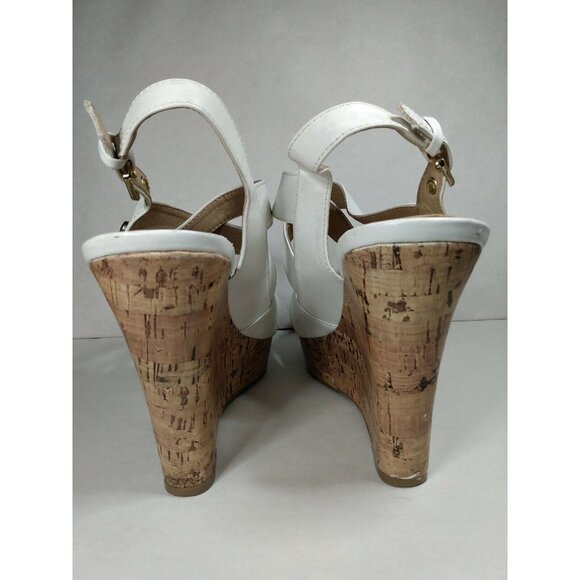 G by Guess Women's White Faux Leather 5" Cork Wedge Heel Strappy Sandal 8.5 M - Picture 4 of 12